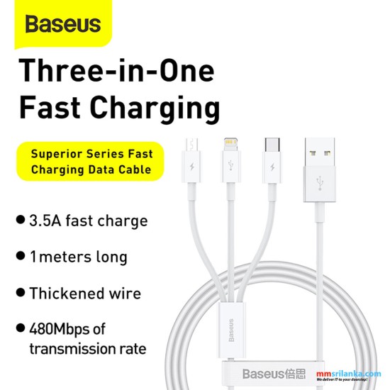 Baseus Superior Series 1m Fast Charging Data Cable USB to M+L+C 3.5A Stellar White (6M)